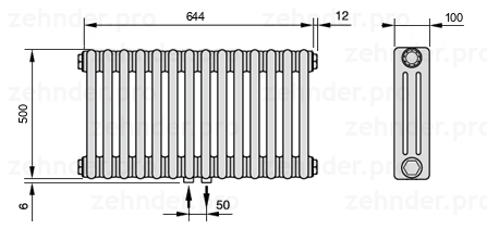 Схема (чертеж) Радиатор Zehnder Charleston 3050/14 №3470 Белый глянцевый RAL 9016